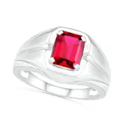 Men's Emerald-Cut Lab-Created Ruby Rectangular Frame Split Shank Ring in Sterling Silver