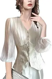 [Generic] Vintage Court Style Women Chiffon Shirt Lantern Sleeve V-Neck 2025 Spring Summer Slimming Tops