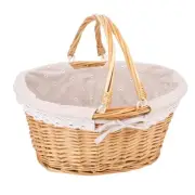 Natural Wicker Basket with Linen Lining, Woven Picnic Basket with Handle,