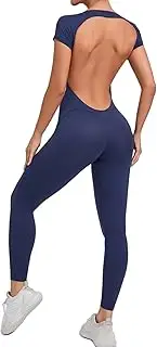 [Qszmjo] Women Backless Tummy Control One Piece Sport Workout Jumpsuits Unitard Butt Lift Back Cutout Gym Yoga Romper Bodysuits