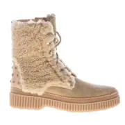 TOD'S women shoes Light tobacco beige suede laced ankle boot with sheepskin