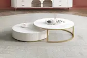 Doyle Round Coffee Table Set with Gold Metal Base, Spanish Ceramic Top, and Silent Wood Drawer (Set of 2)