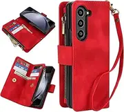 [GoshukunTech] for Samsung Galaxy Z Fold6 5G Wallet Case with 9 Card Holders,for Galaxy Z Fold6 Case Zipper Coin Pocket PU Leather Flip Cover Kickstand Protective Phone Purse with Wrist Strap-Red