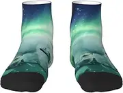[JEJEA] Northern Lights Polar Bear print Men's Athletic Cushioned Crew Socks Crew Training Athletic Socks Men and Women for Sports