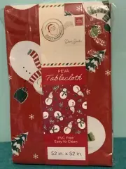 Santa's Workshop Christmas Snowman Red Vinyl Square 52" x 52" Tablecloth NEW