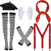 [mifengda] 6Pack Women Mime Artist Costume Accessories Girl French Mime Costume Halloween Mime Outfit with Beret Gloves Suspender Scarf Socks for Halloween Mime Dress Up Costume
