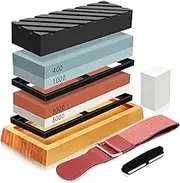 Knife Sharpening Stone Set, Whetstone Knife Sharpener Stone Set 4 Side Grit 400/1000 3000/8000, Professional Include Non-Slip Bamboo Base, Leather Strop, Flattening Stone & Angle Guide