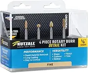 Kutzall 4-Piece Rotary Burr Detail Kit - 1⁄8" Shaft, Fine – Wood Carving Bit for Dremel, Foredom, Ryobi, Milwaukee Tools - Structured Tungsten Carbide, 18FKIT02