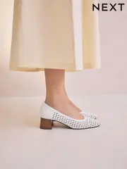 White Forever Comfort® Leather Round Toe Weave Low Block Courts Heels (AV7903) | $92