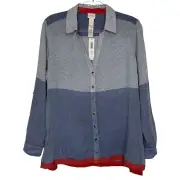 NWT Chicos Striped Mix Shirt Womens Size M Long Roll Tab Sleeves Blue