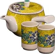 Omotenashi Yellow Kutani Ware Floral Bird Tea Set YOSHIDAYABOTAN with 360ml Teapot and 240ml Teacups - Kutani-Yaki Style Ceramic Made in Japan