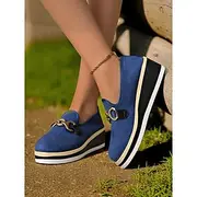 Women's Blue Platform Loafers with Metal Buckle – Stylish Slip-On Wedge Shoes for Casual Wear, Office and Travel