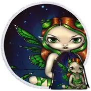 Big Eyed Green Ribbon Fairy Round Beach Towel