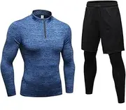[Abigprofit] High Collar Winter Thermal Underwear Men Long Johns Rashgard Shirt Leggings Warm Compression Underwear Blue Set XXL