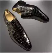 Handmade Mens crocodile texture leather shoes Black Monk shoes office shoes