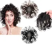 7" Wavy Hair Crown Topper Clip in Hair Topper 2.8x3.2" Lightweight Silk Base Closure Short Curly Hair Topper For Women Small Top Hair Pieces With Curly Bangs Invisible Top Wig Pieces Dark Brown