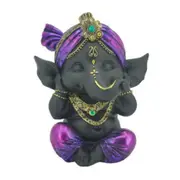 Ganesh Statue Sitting Hear No Evil Pose Black in Purple Robe 10cm 1pce Resin