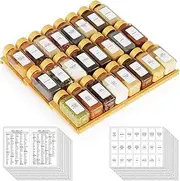 SpaceAid Bamboo Spice Drawer Organizer with 24 Spice Jars, 378 White Minimalist Spice Labels, 3 Tier Seasoning Rack Tray Insert for Kitchen Drawers, 15" Wide x 15" Deep x 2.6" Tall