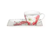 Elegant Kitchen Breakfast Tea Cup and Plate Set Poppies on White