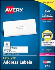 Avery Easy Peel Printable Address Labels with Sure Feed, 1" x 4", White, 2,000 Blank Mailing Labels for Laser Printers (5161)
