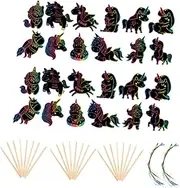 2 Sets Unicorn Scratch Cards Art Craft Kit with Unicorns Drawing Sticks Ribbons for Creative Fun Fine Motor Skill Development for Adults