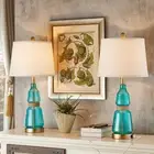 Set of 2 Blue Glass Table Lamps 3-Way Dimmable Touch Control Bedside