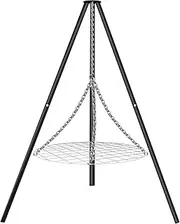FEBTECH - 55" Steel Tripod Grilling Set - Camping Accessories For BBQ Grill Cooking - Camping Charcoal Grills Grate - Campfire Grill Grate Over Fire Pit with Tripod Stand