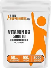 BulkSupplements.com Vitamin D3 Powder - Cholecalciferol, Vitamin D Supplements, Vitamin D3 5000 IU - Gluten Free, 50mg (125mcg of Vitamin D3) per Serving, 100g (3.5 oz) (Pack of 1)