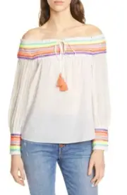 Alice + Olivia Sharyl Rainbow Peasant Top $395 M L Embroidered Blouse Off Shldr