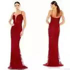 Mac Duggal Embellished Plunge Neck Illusion Mermaid Gown Size 2 Red