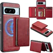 [GoshukunTech] for Google Pixel 8 Pro 5G Wallet Case with Card Holder,for Pixel 8 Pro Magnetic Case[Detachable Card Pocket] Leather Flip Cover[Support Magsafe or Wireless Charging]-Wine Red