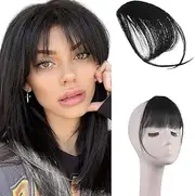 Clip-In Bangs 100% Real Hair One Piece Clip in Pony Fringe Bang Extension Natural Clip In Extension Pony Hairpiece Real Hair Wispy bangs for Women (Natural Black, 10CM)