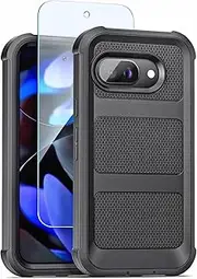 [ENCASED] Heavy Duty Case for Google Pixel 9a, (Falcon Series) Full Body Protective Phone Case with Screen Protector (Black)