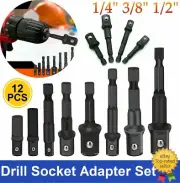 12Pcs Impact Driver Socket Adapters Hex Extension Bits 1/4" 3/8" 1/2" Drill Set