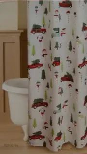 Christmas St Nicholas Square Printed Snowman Trees Cars Fabric Shower Curtain