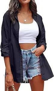 [HangNiFang] Womens Oversized Button Down Shirts Long Sleeve Loose Fit Work Dressy Blouses Tops