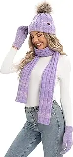 [NATUST] 3 Pieces Winter Knit Beanie Hat Warm Scarf and Touch Screen Gloves Set Warmer Gloves Set with Fleece Lined