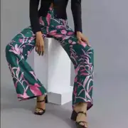 NWT Anthropologie 8 Tropical Floral Breezy Printed Straight Wide Leg Pants Green