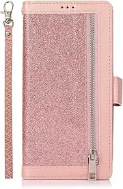 [HAOFUGUI] Glitter Wallet Case for Samsung Galaxy A70, with Card Slots Stand Zipper Protection Case Cover, Premium Shiny Glitter Flip Phone Cover-Rose Gold