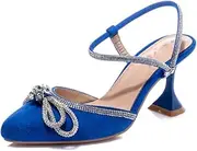 [Joojaky] Women's Rhinestone Kitten Heel Party Pumps Pointed Toe Bow Heeled Shoes