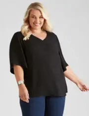 BNWT Size 14 AUTOGRAPH Black Knit Textured Short Sleeve V Neck Top
