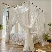 Romantic Lace Bed Canopy Mosquito Net, Princess Room Bedroom Decor 4 Corner Post Bed Curtains with Metal Brackets (Color : White, Size : 180X220cm/71X87in)