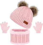 [Bonieset] Kids Winter Beanie Hat Scarf Gloves Set,Toddlers Knit Winter Warm Double Pompom Cap Scarf Gloves for Girls Boys 1-5 Years Old