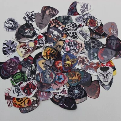 100 Random Celluloid Guitar Picks, Thickness range 0.46 to 1.50 - Skulls Bones