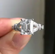 3CT Emerald Cut Unique Split Shank Moissanite Engagement Ring 14K White Gold