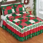 Christmas Mistletoe Patchwork Triple Ruffle Queen Size Bedroom Bedspread