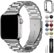 [Fullmosa] Compatible For Apple Watch Band 45mm 44mm 42mm, Stainless Steel iWatch Band with Case For Apple Watch Series 9 8 7 6 5 4 3 2 1 & iWatch SE and SE 2, 45mm 44mm 42mm Silver