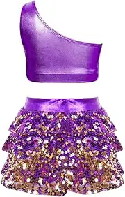 [YiZYiF] Kids Girls 2 Piece Dance Outfits Set Sequins Crop Top Costume with Tiered Skirt Jazz Latin Ballroom Dancewear