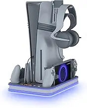 PS5 Stand and Cooling Station with RGB LED Controller Charger for PlayStation 5, PS5 Controller Charger for Dual Sense & Edge Controller and PS Portal, PS5 / PS5 Slim / PS5 Pro Accessories Grey