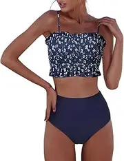 [RXRXCOCO] Womens Shirred Bandeau Bikini Cute Two Piece Swimsuit Off Shoulder High Waist Bathing Suit